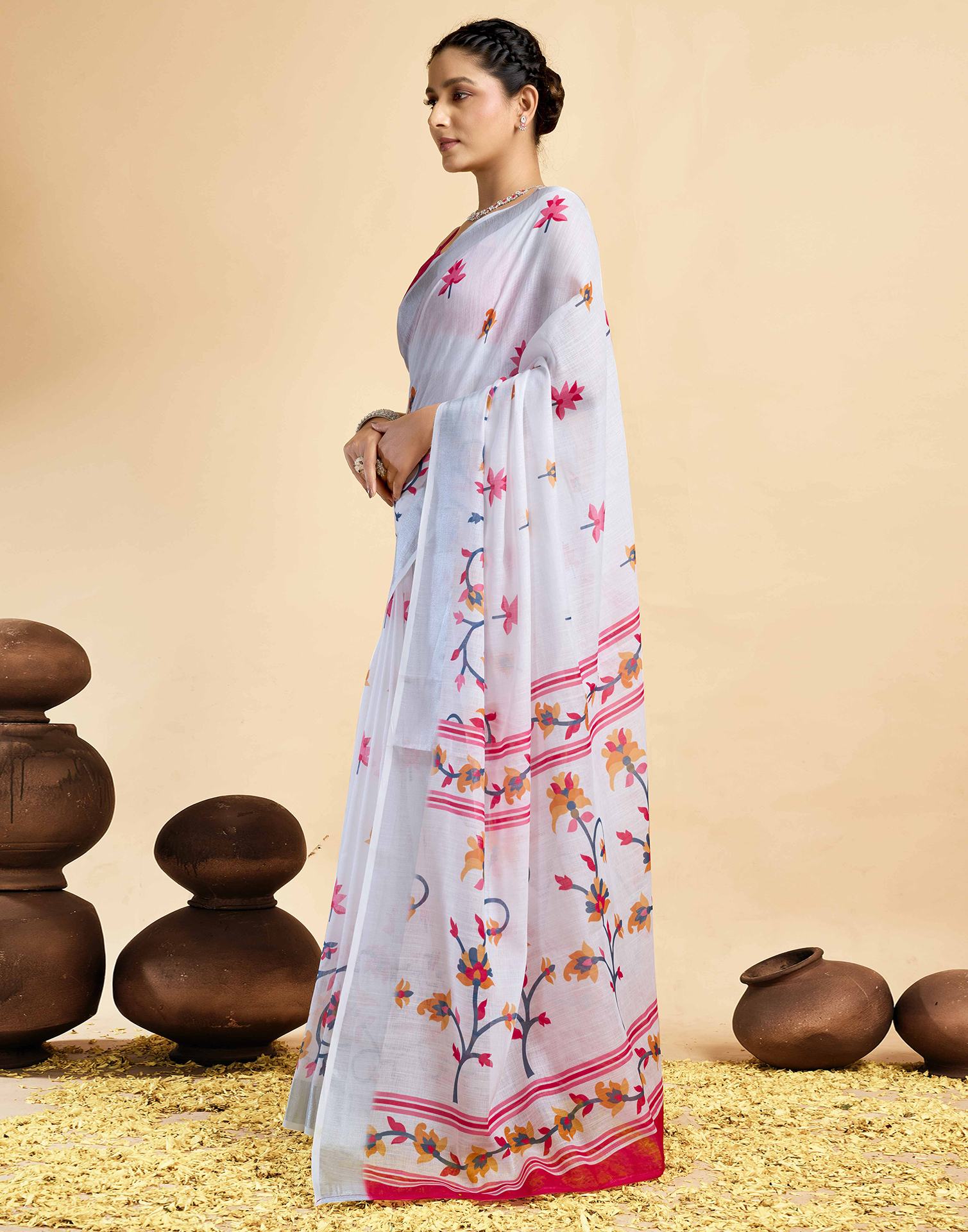 White Linen Floral Printed Saree