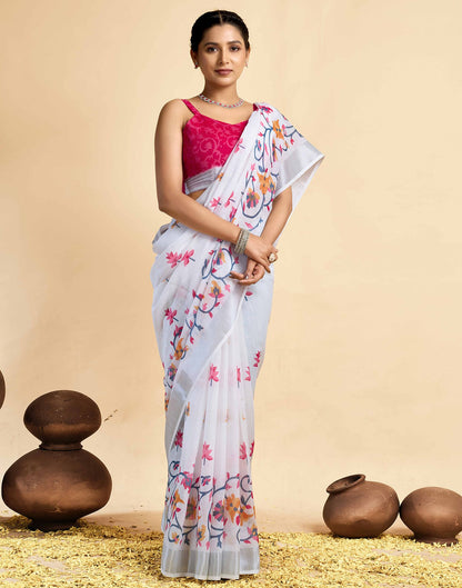 White Linen Floral Printed Saree