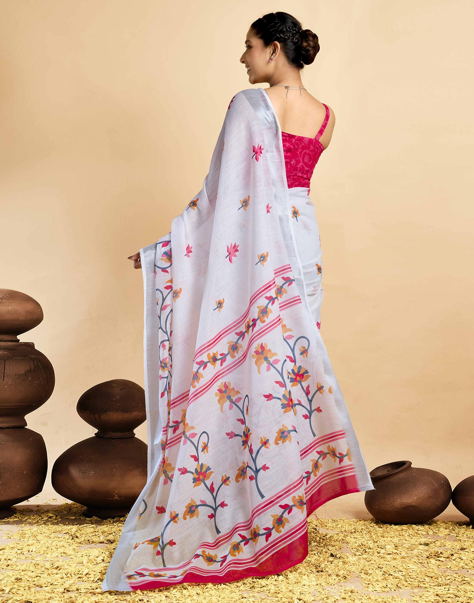 White Linen Floral Printed Saree