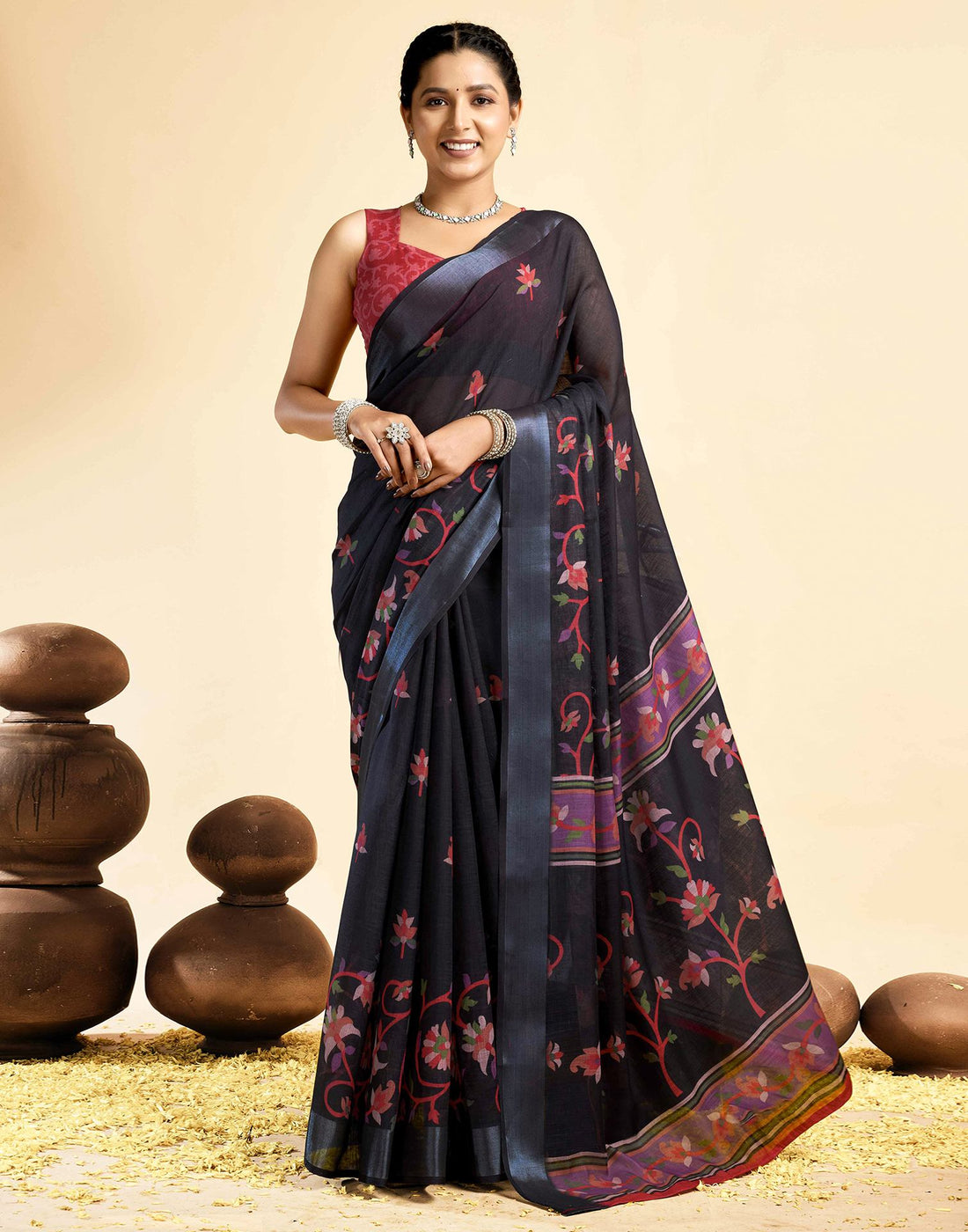 Black Linen Floral Printed Saree