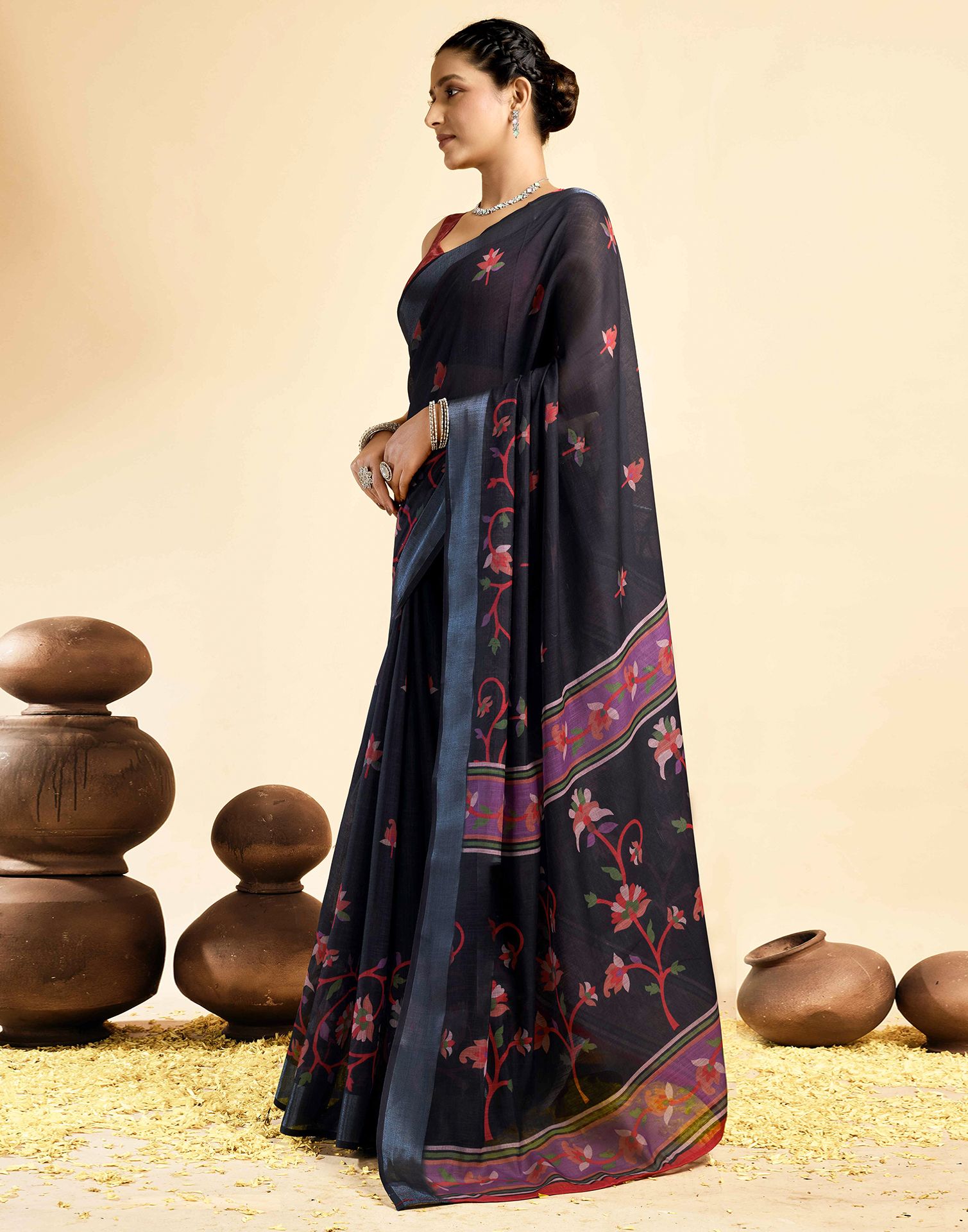 Black Linen Floral Printed Saree