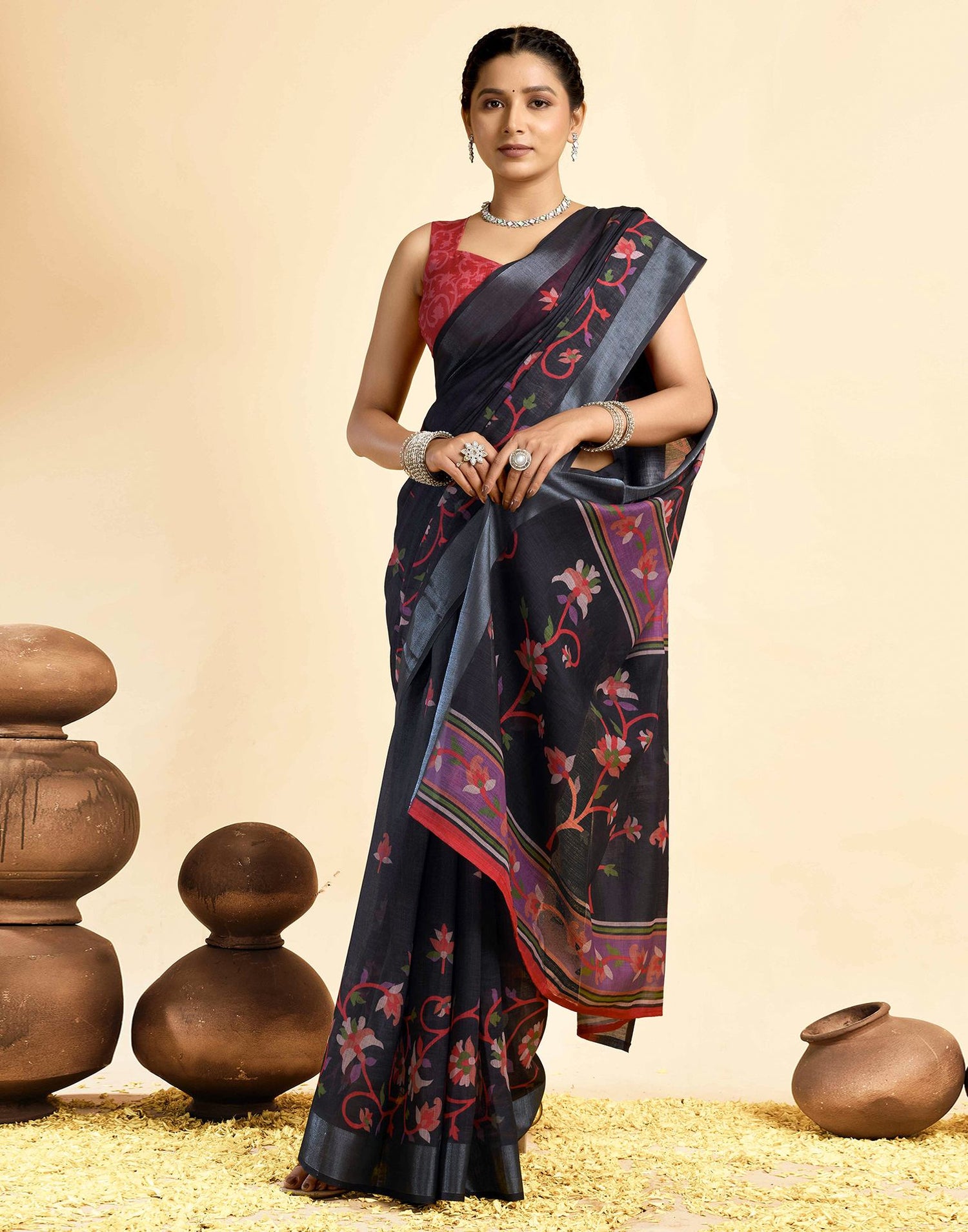 Black Linen Floral Printed Saree