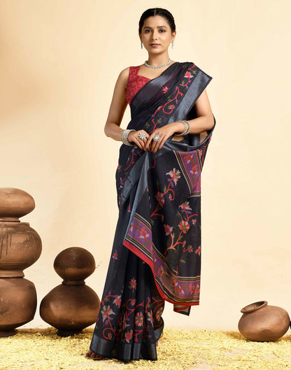 Black Linen Floral Printed Saree