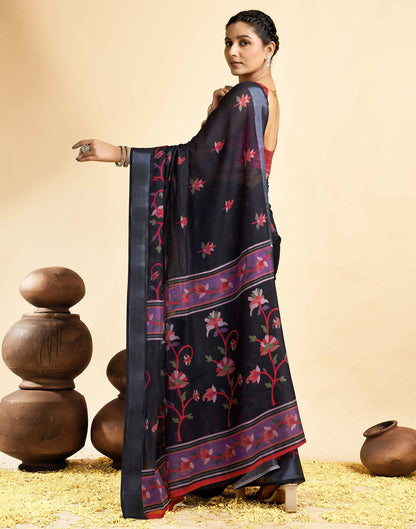 Black Linen Floral Printed Saree