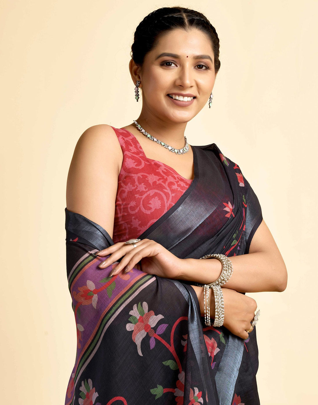 Black Linen Floral Printed Saree