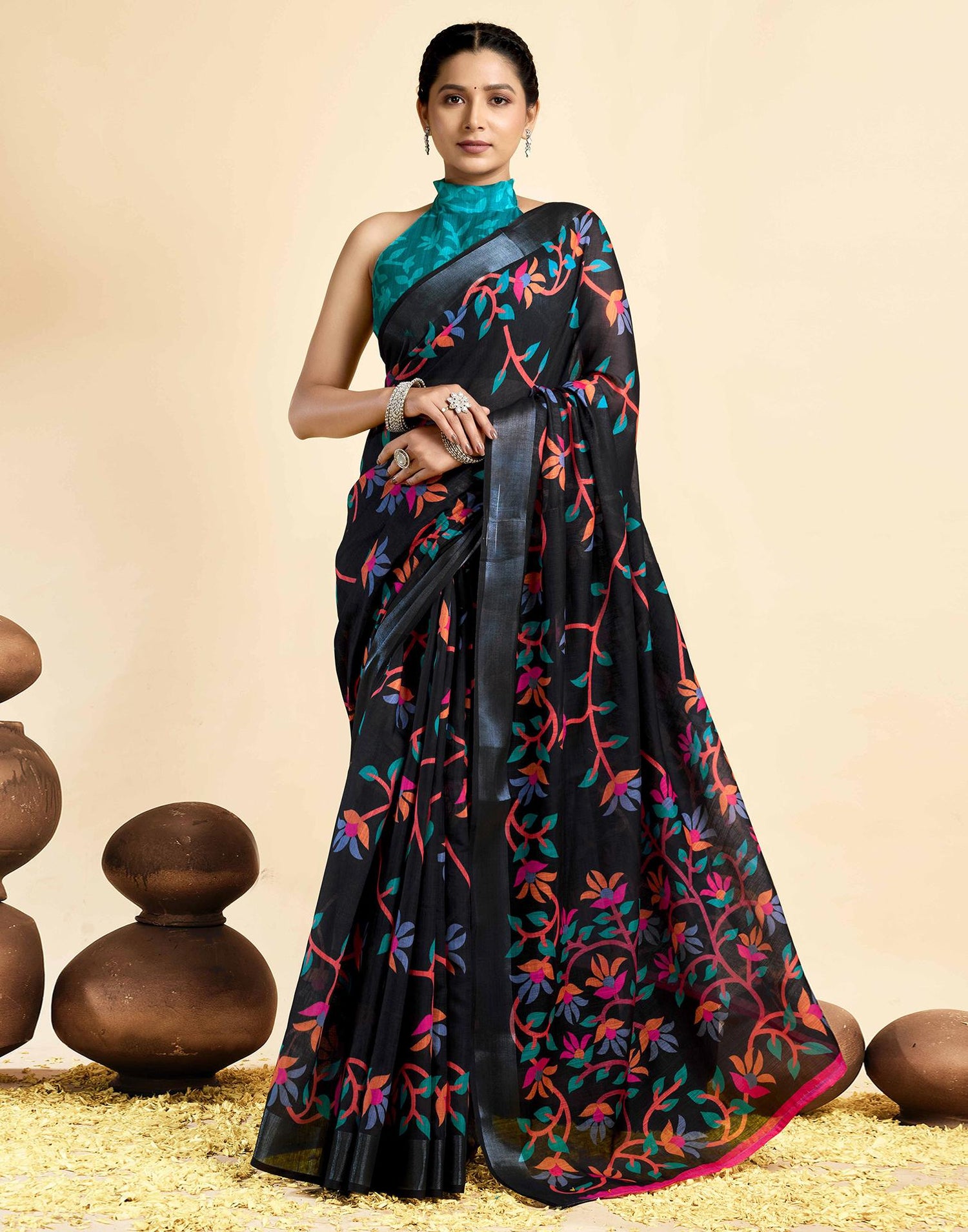 Black Linen Floral Printed Saree