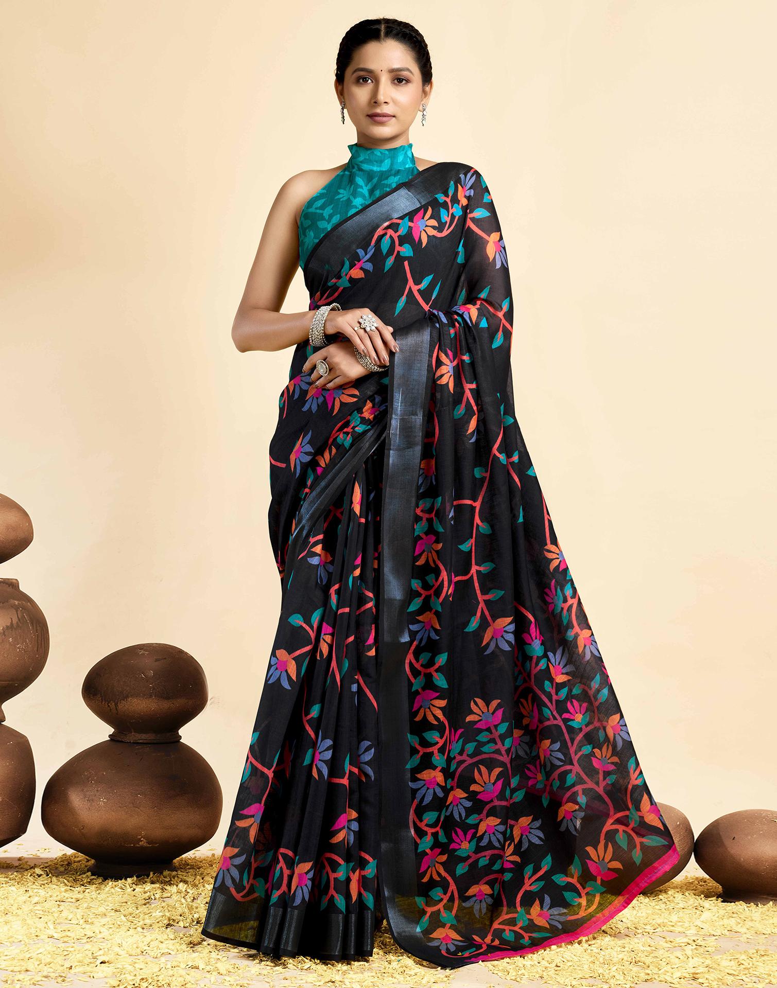 Black Linen Floral Printed Saree
