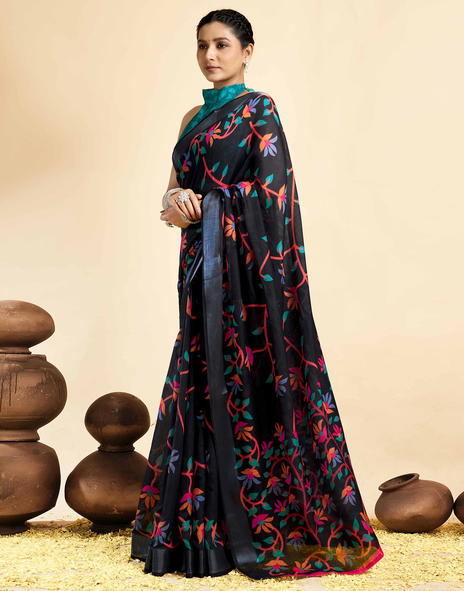 Black Linen Floral Printed Saree