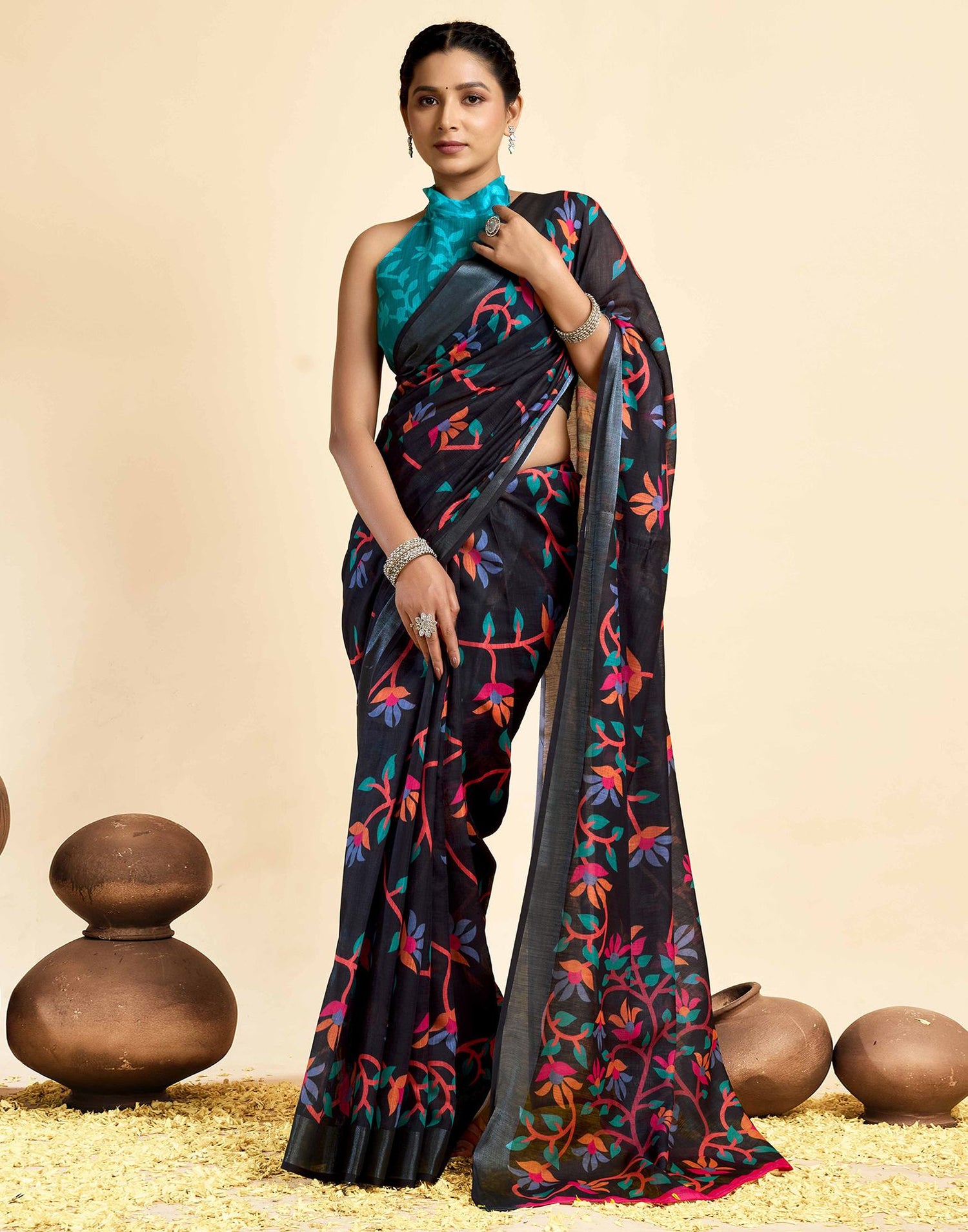Black Linen Floral Printed Saree