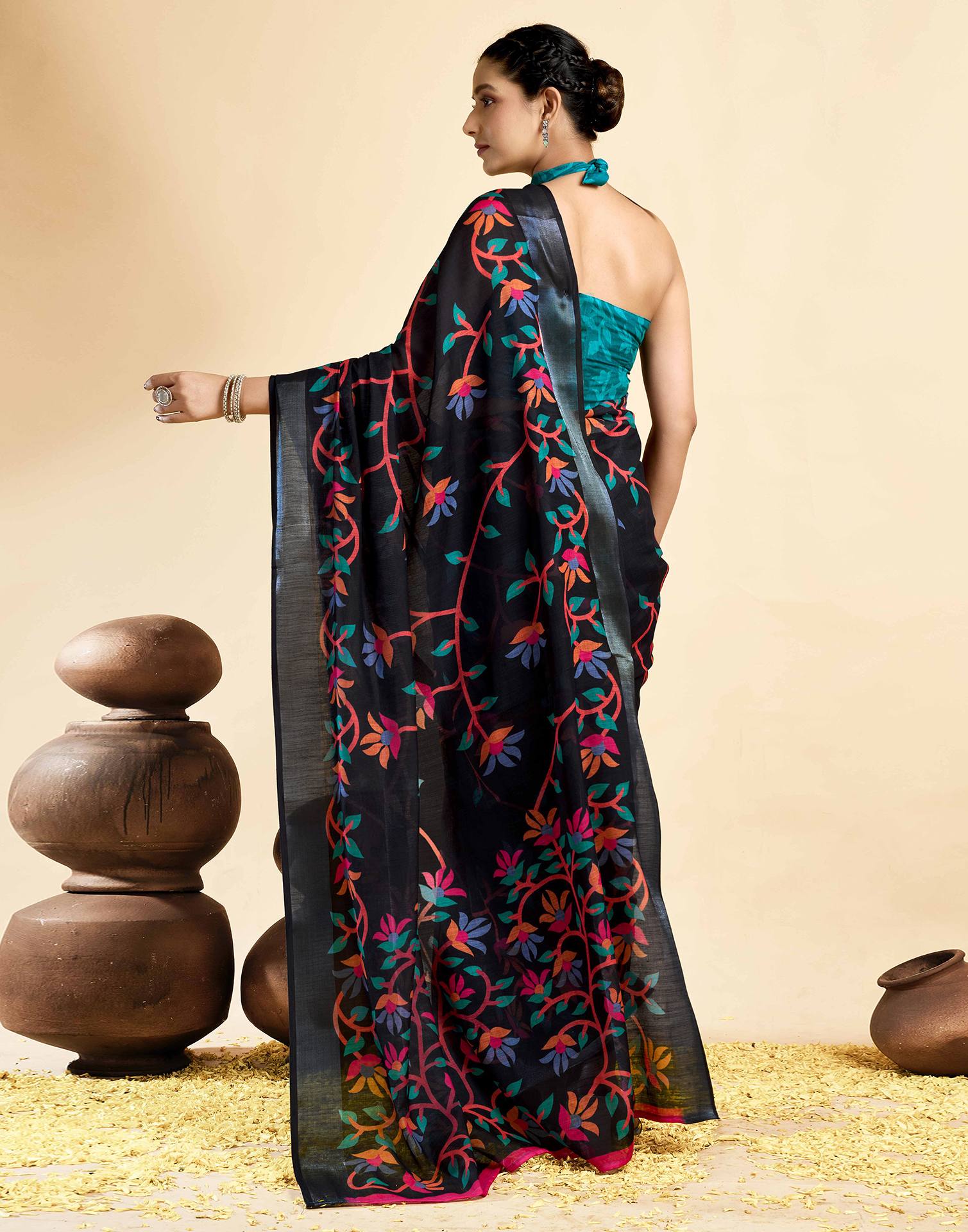 Black Linen Floral Printed Saree