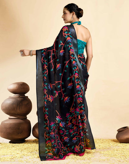 Black Linen Floral Printed Saree
