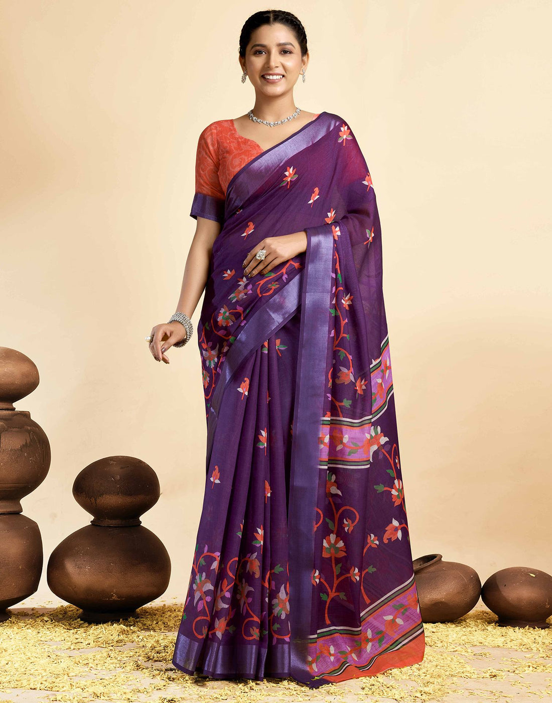 Dark PurPle Linen Floral Printed Saree