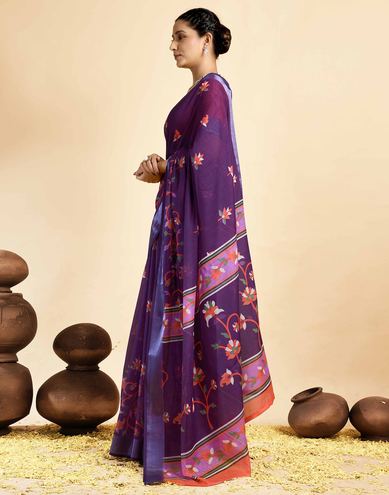 Dark PurPle Linen Floral Printed Saree
