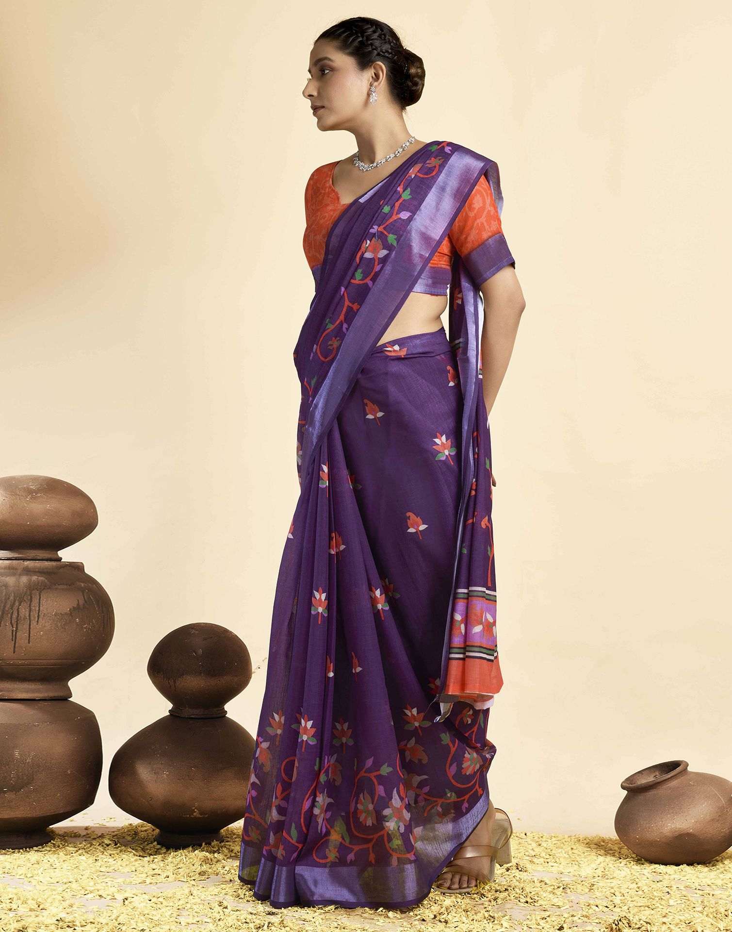 Dark PurPle Linen Floral Printed Saree