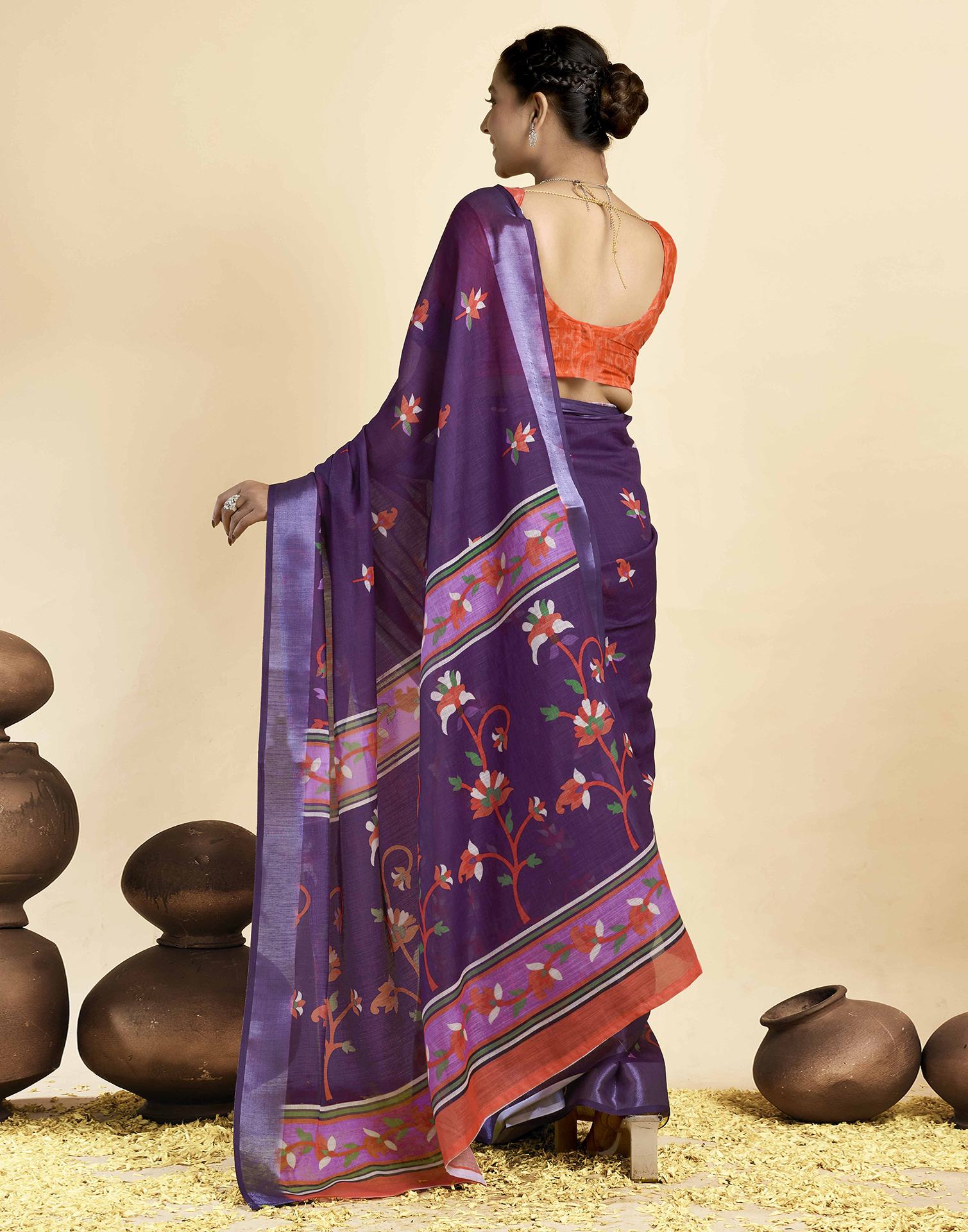 Dark PurPle Linen Floral Printed Saree