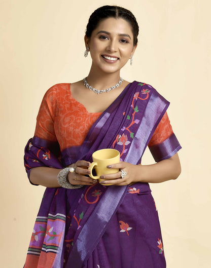 Dark PurPle Linen Floral Printed Saree