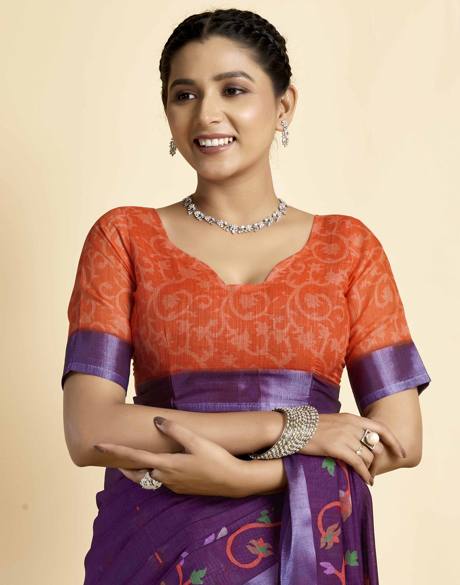 Dark PurPle Linen Floral Printed Saree