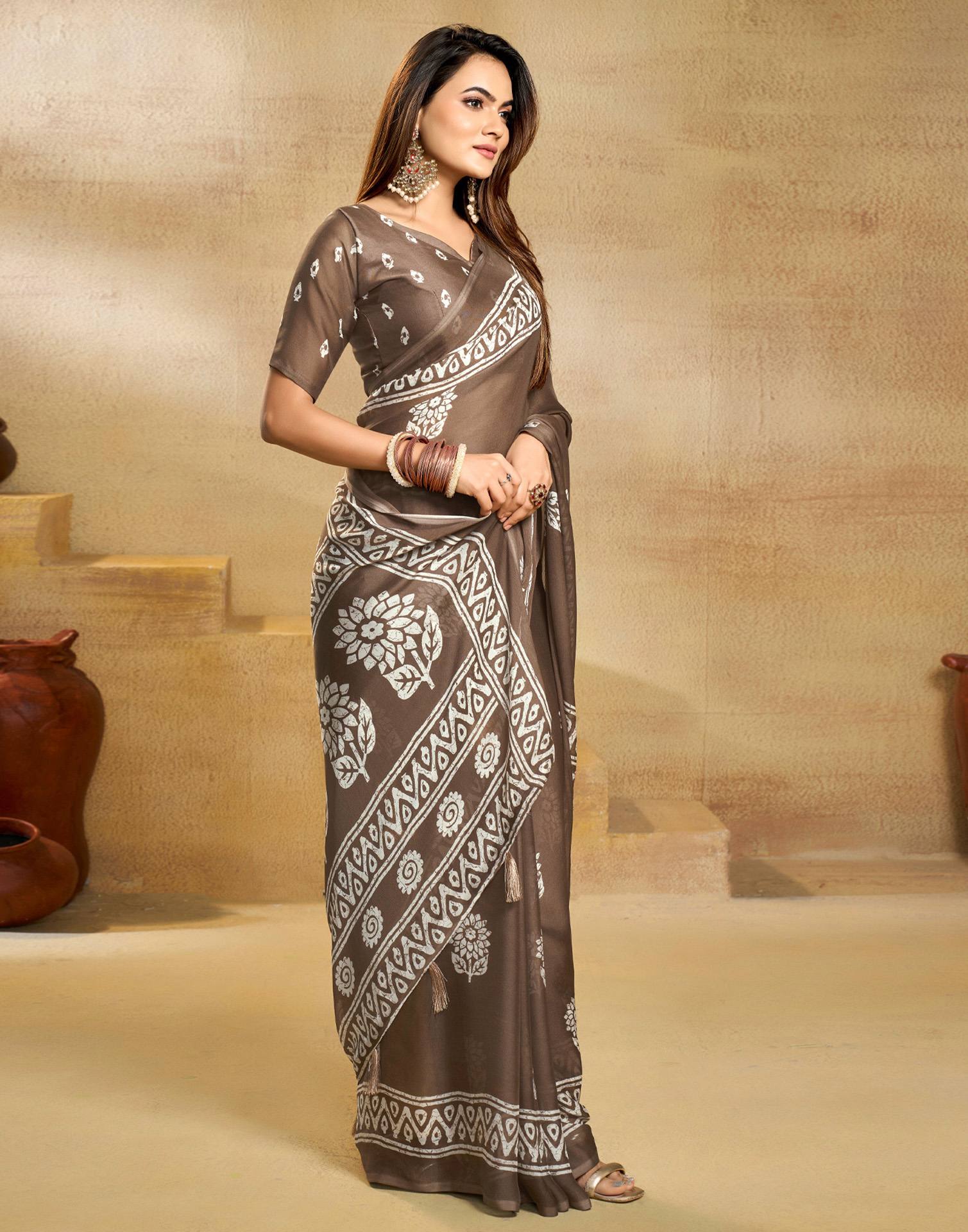 Brown Georgette Printed Saree