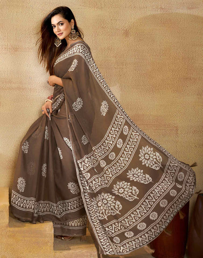 Brown Georgette Printed Saree