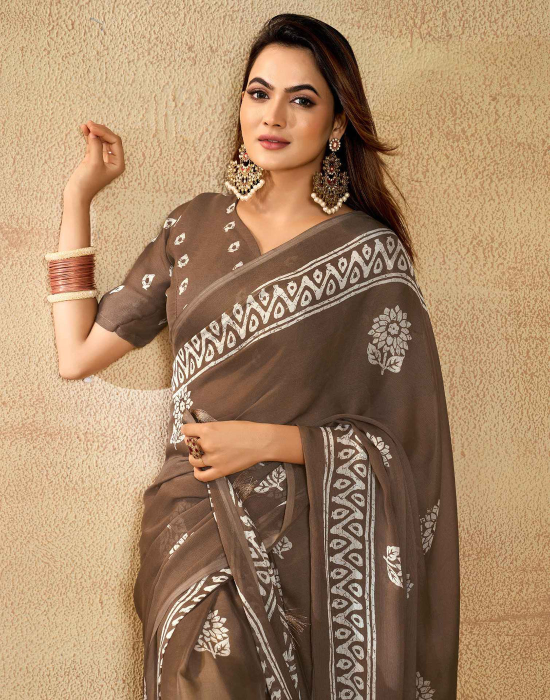 Brown Georgette Printed Saree