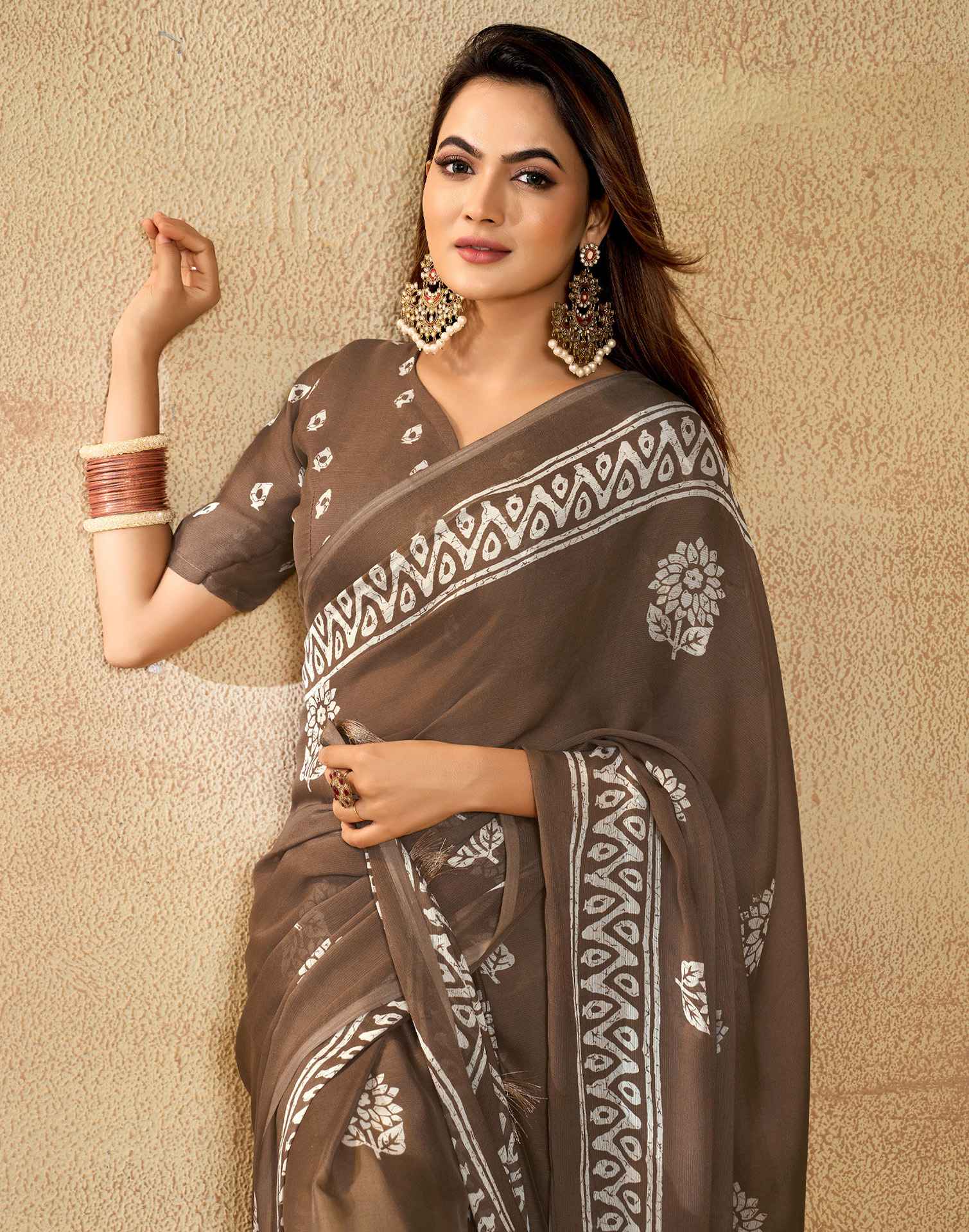 Brown Georgette Printed Saree
