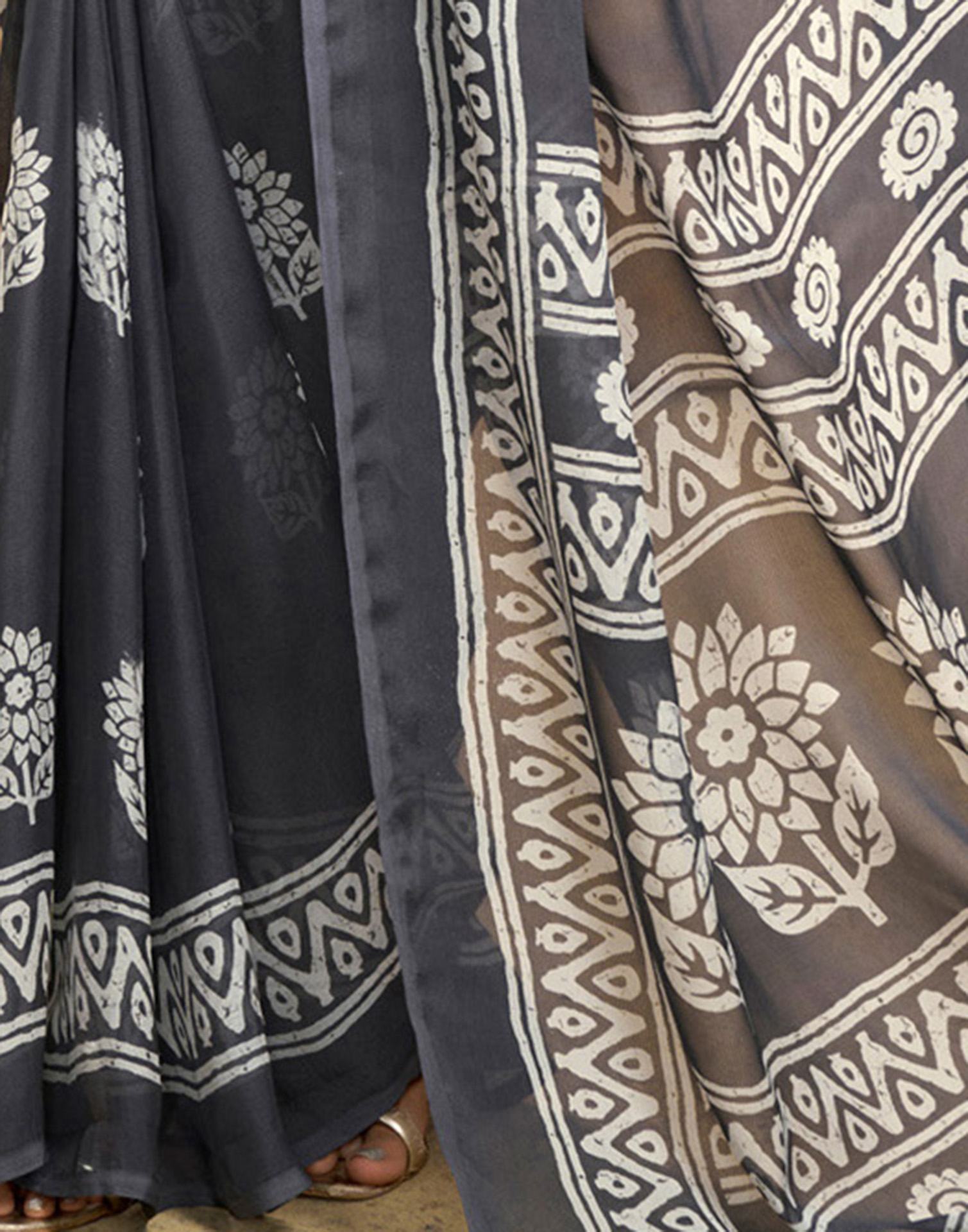 Grey Georgette Printed Saree