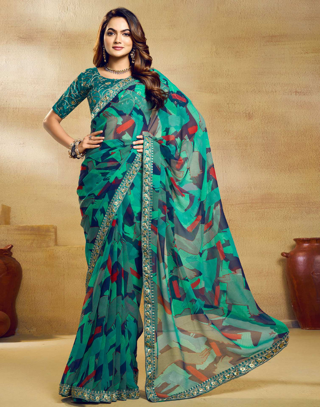 Teal Green Georgette Printed Saree