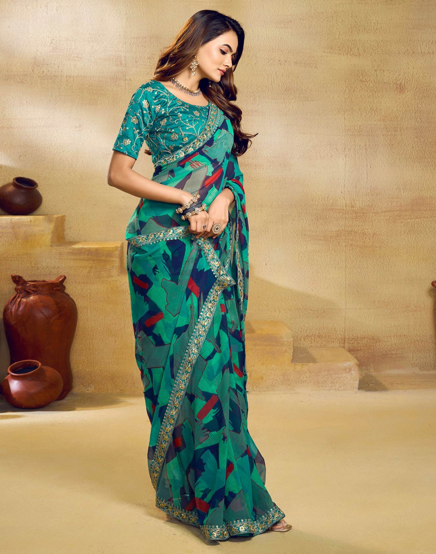 Teal Green Georgette Printed Saree