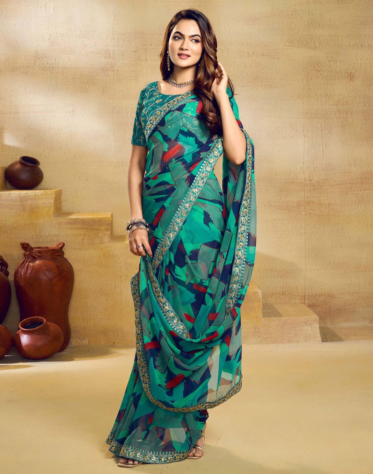 Teal Green Georgette Printed Saree