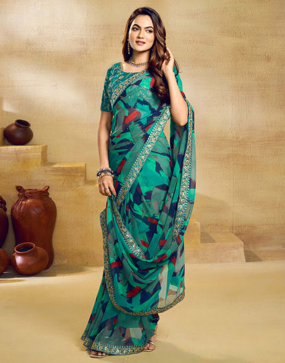 Teal Green Georgette Printed Saree