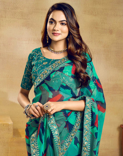 Teal Green Georgette Printed Saree