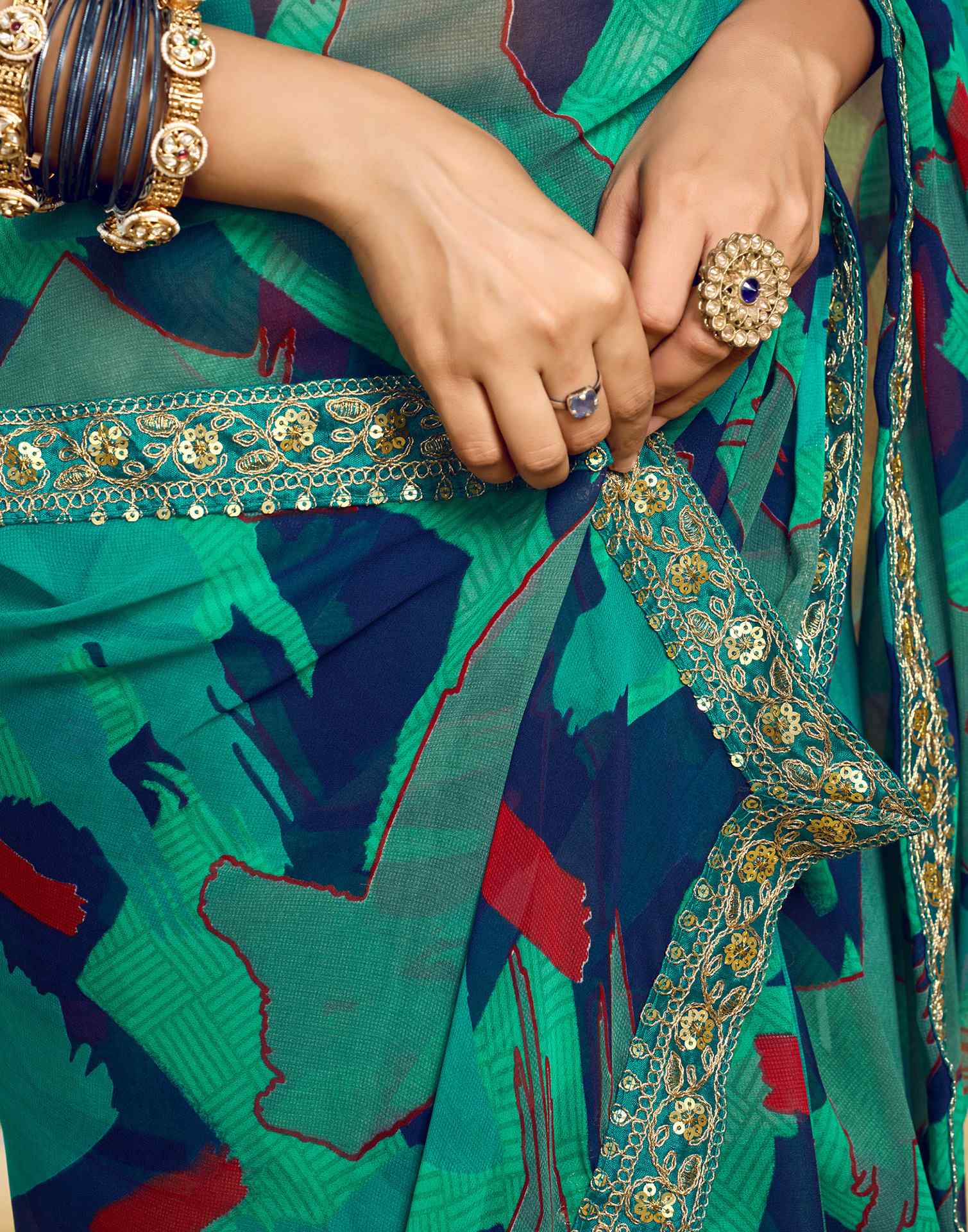 Teal Green Georgette Printed Saree