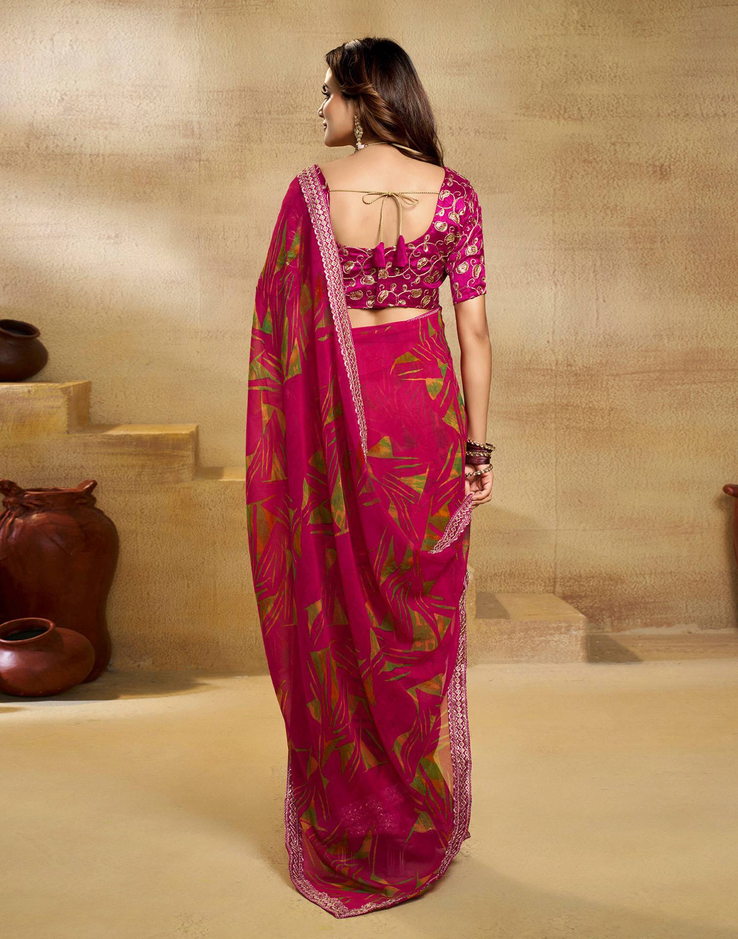 Rani Pink Georgette Printed Saree