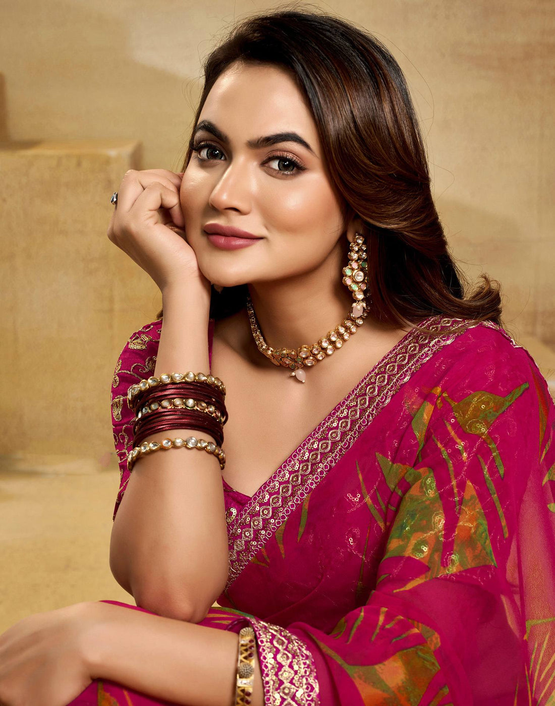 Rani Pink Georgette Printed Saree