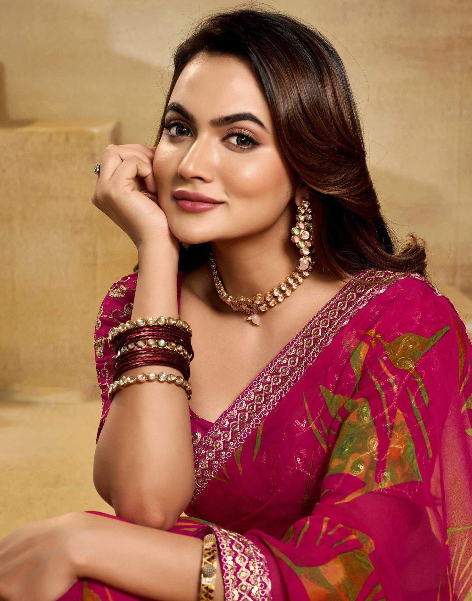 Rani Pink Georgette Printed Saree
