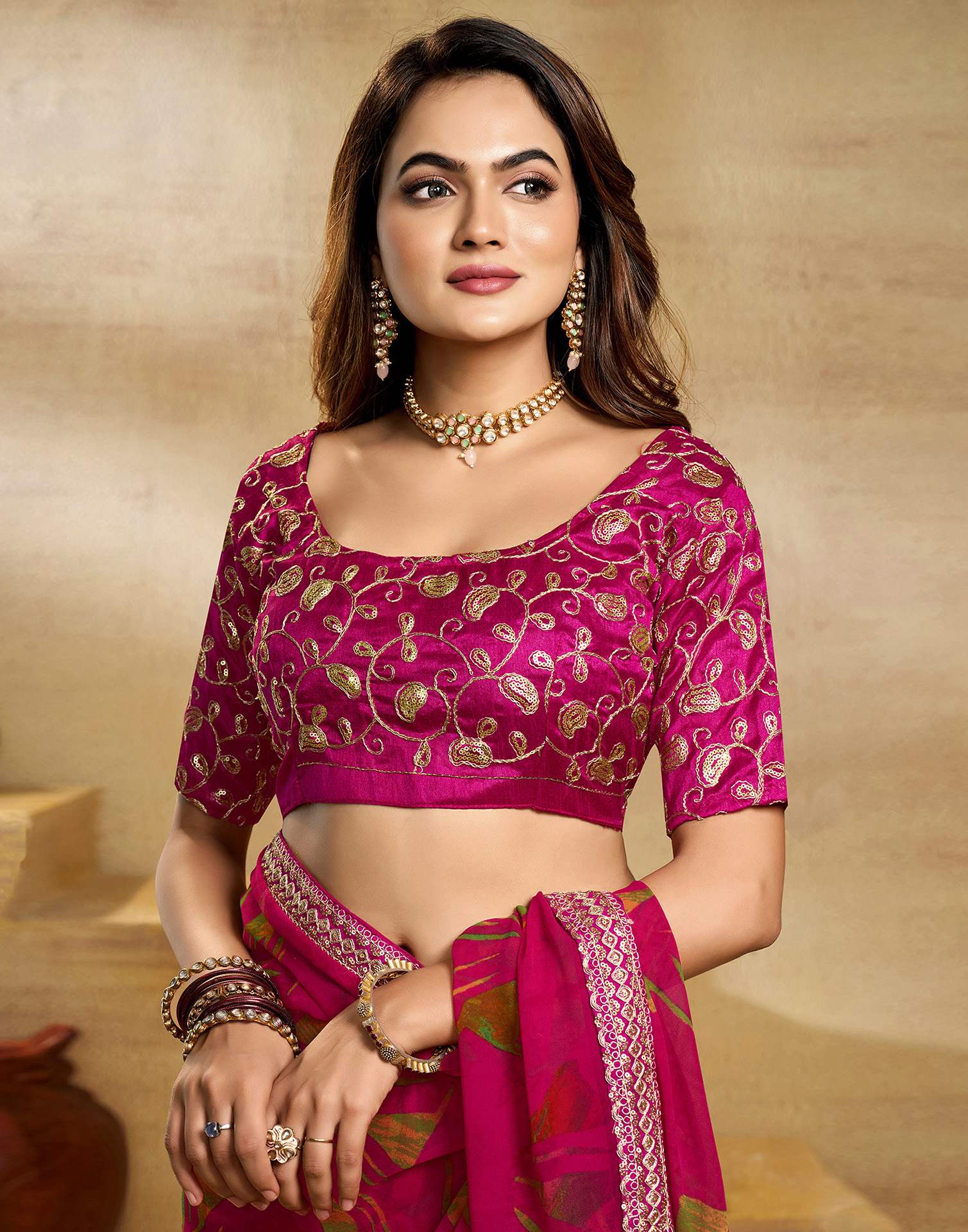 Rani Pink Georgette Printed Saree