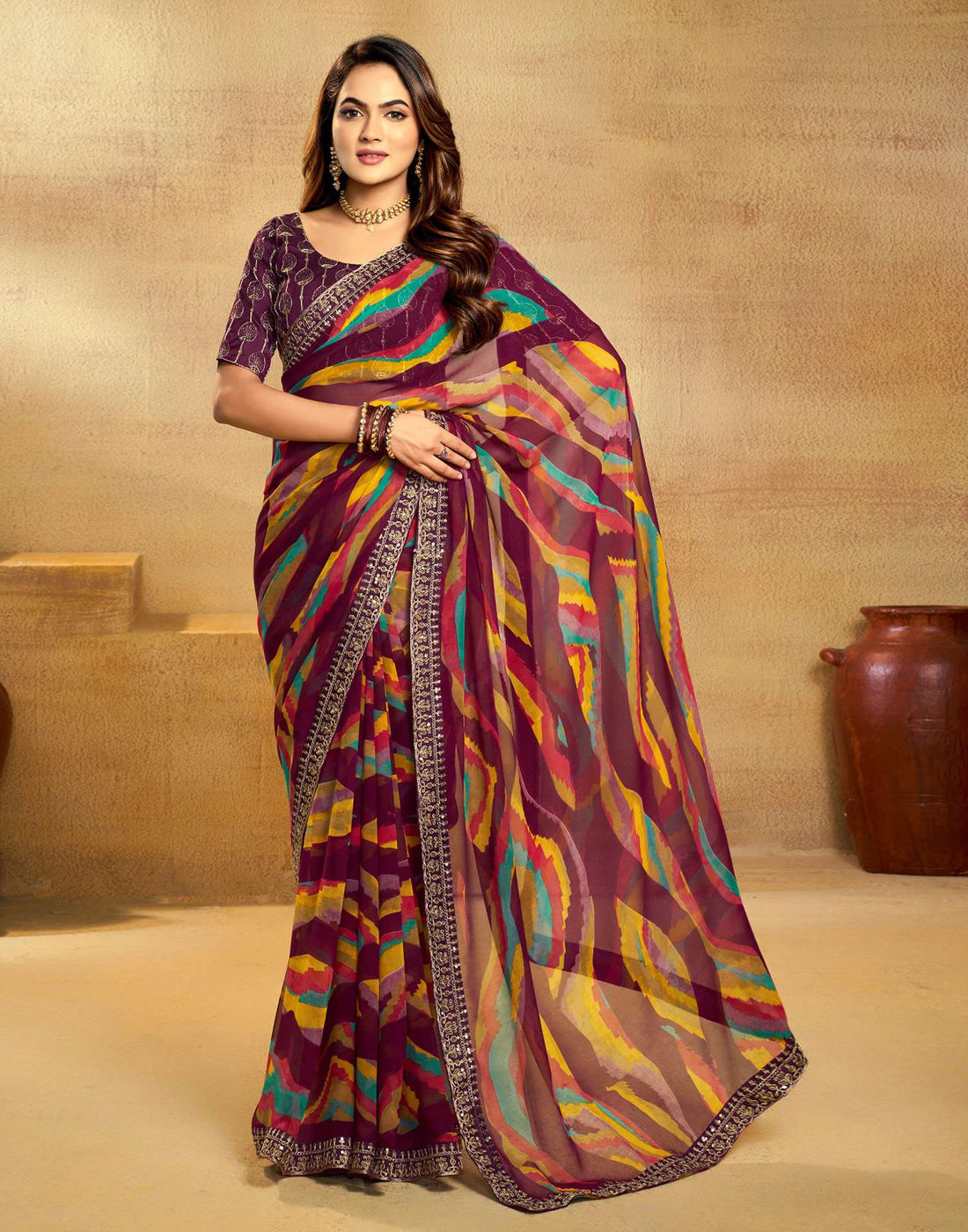 Maroon Georgette Printed Saree