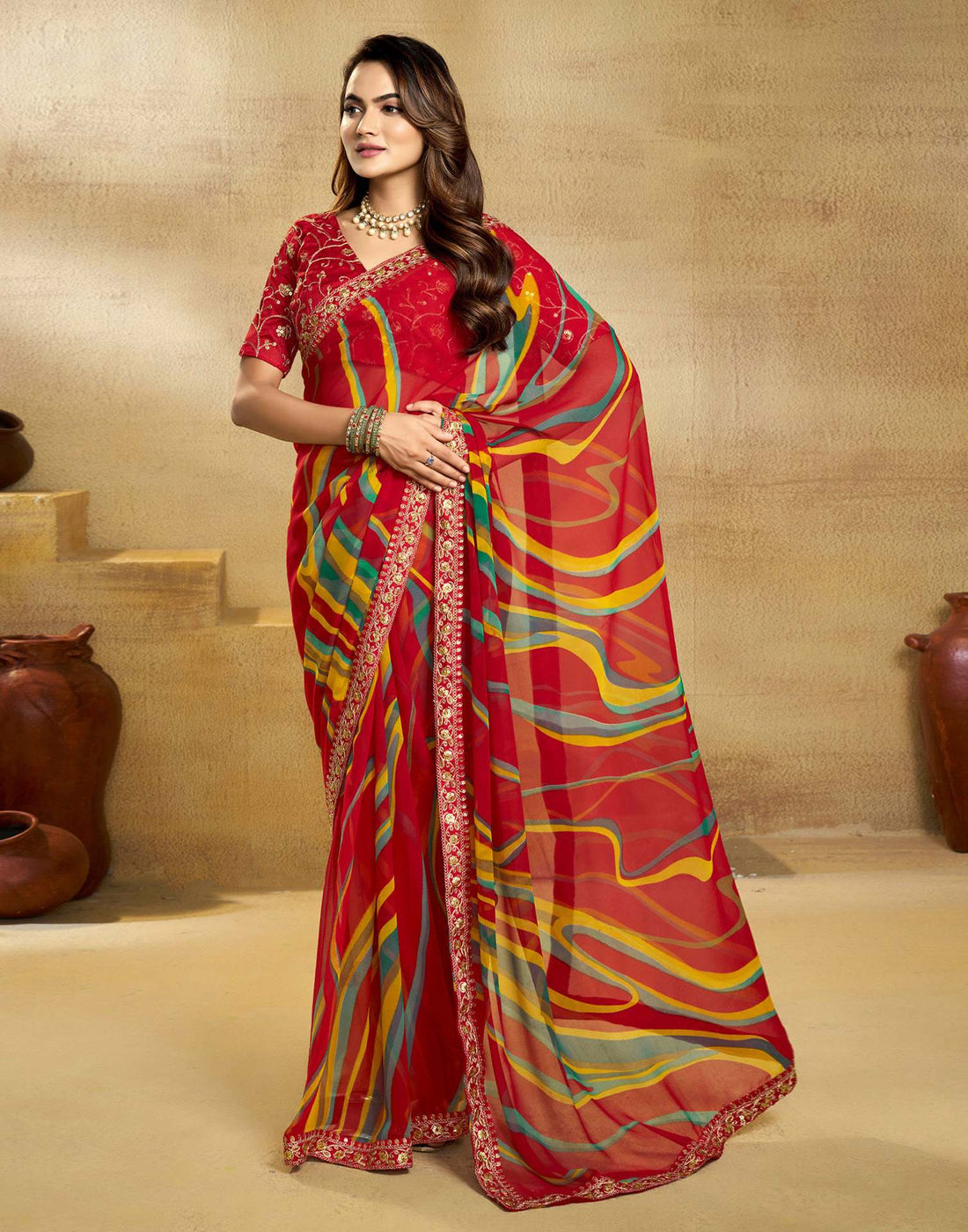 Red Georgette Printed Saree