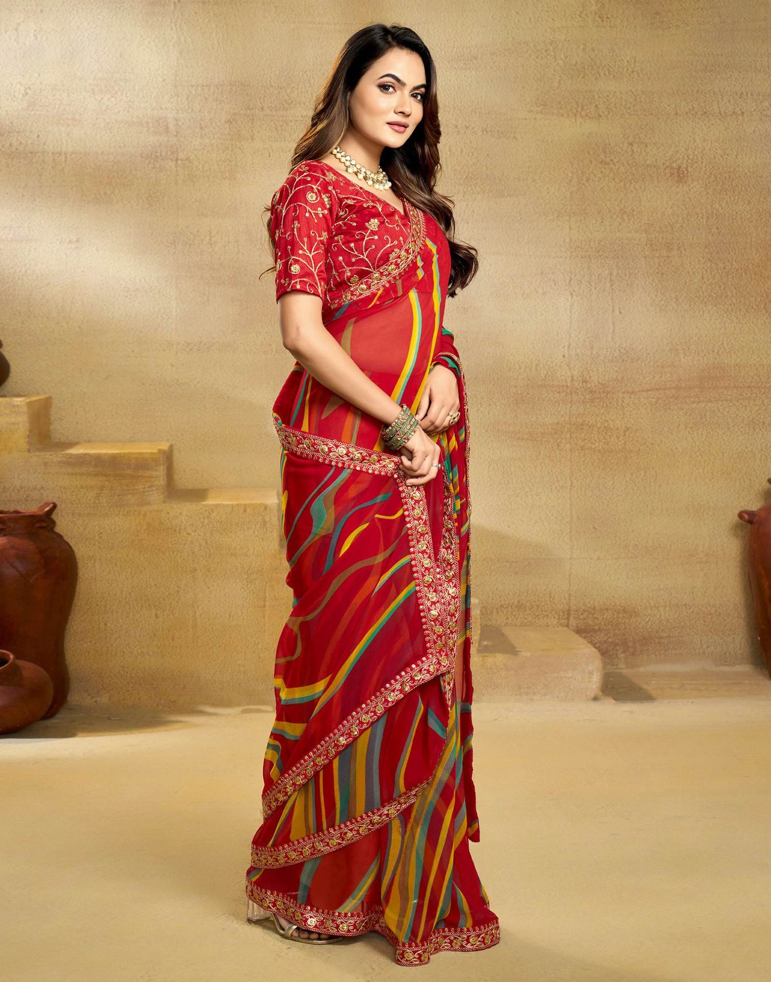 Red Georgette Printed Saree