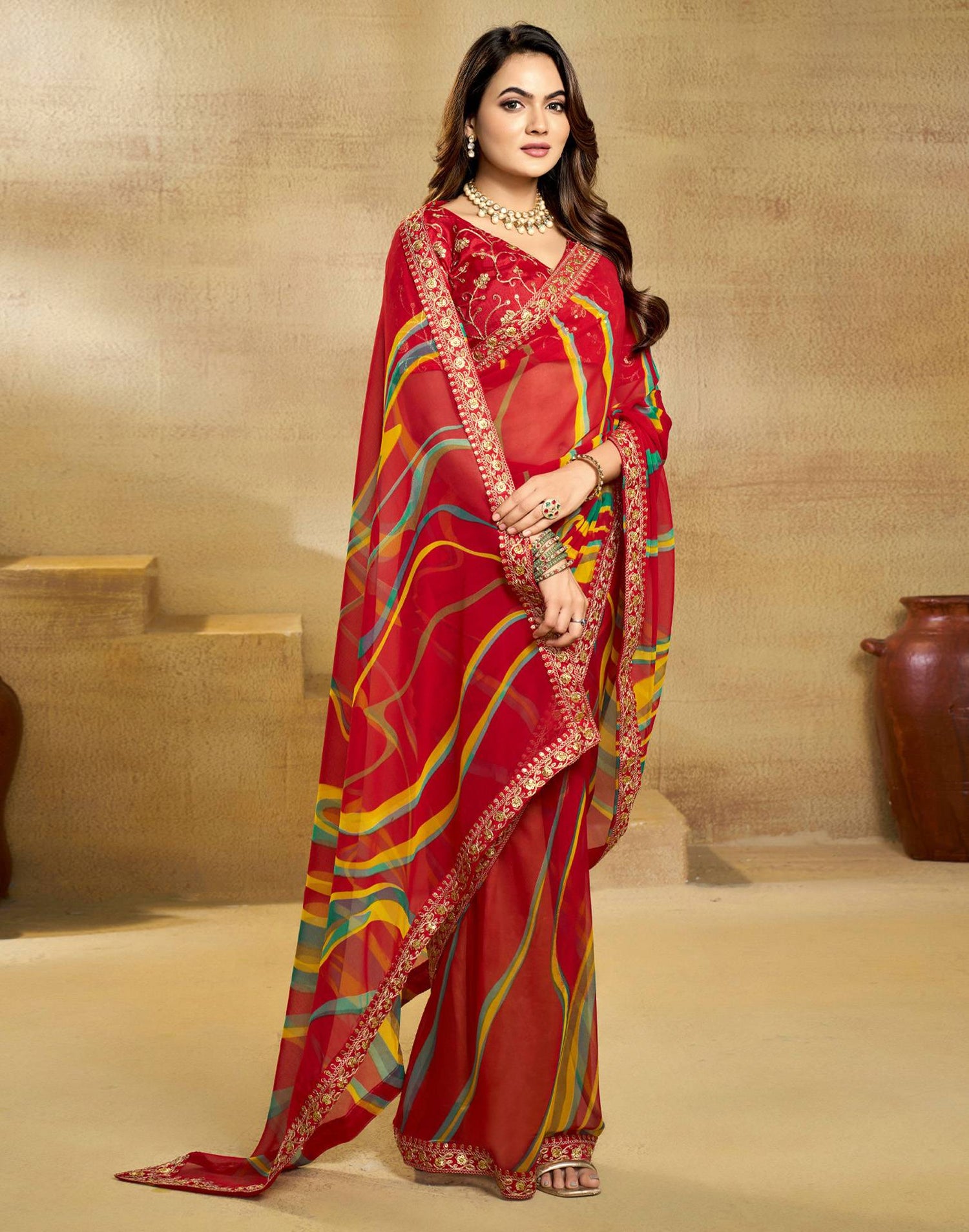 Red Georgette Printed Saree