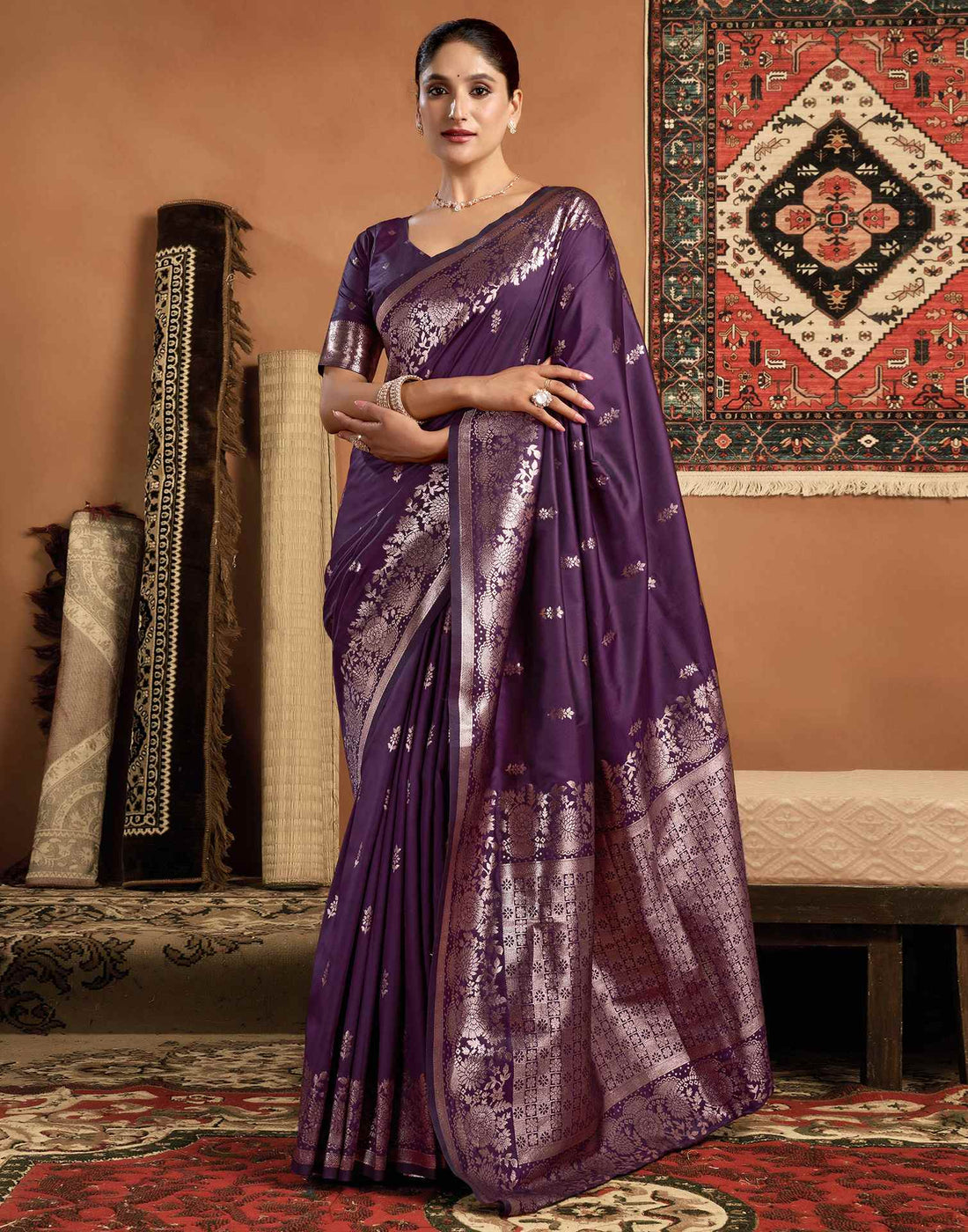 Dark Purple Silk Woven Banarasi Saree