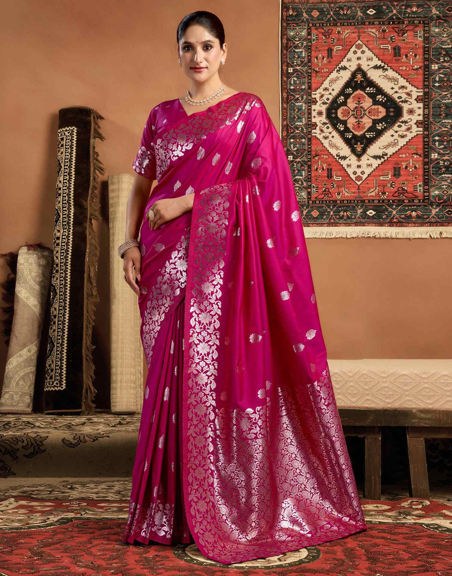 Rani Pink Silk Woven Banarasi Saree