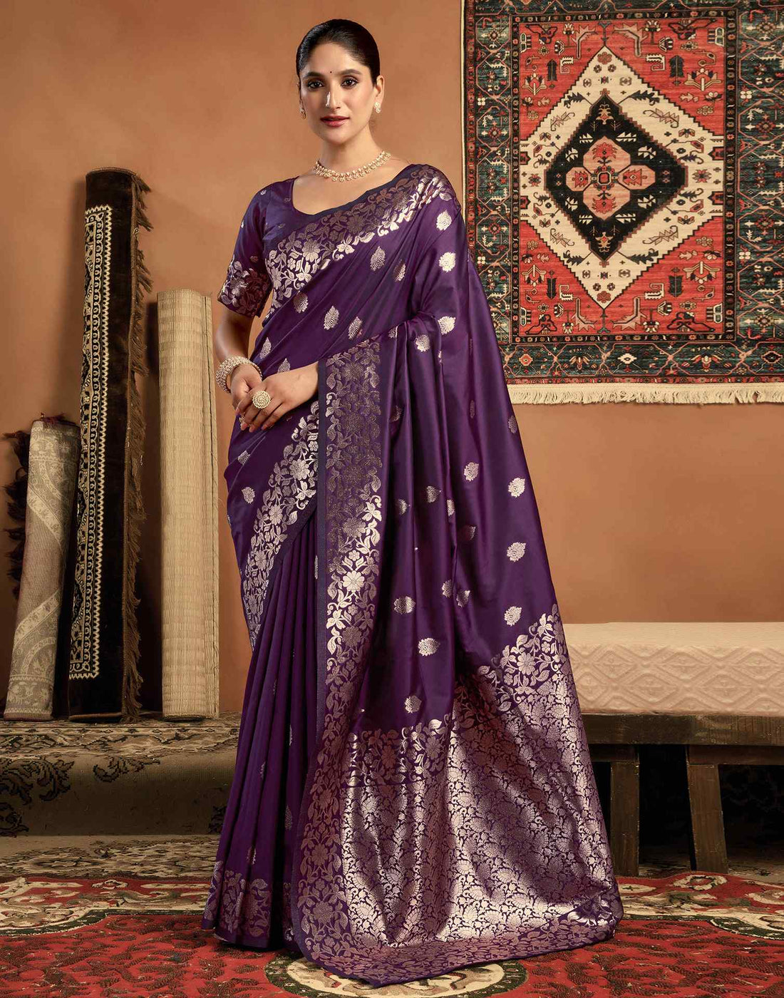 Dark Violet Silk Woven Banarasi Saree