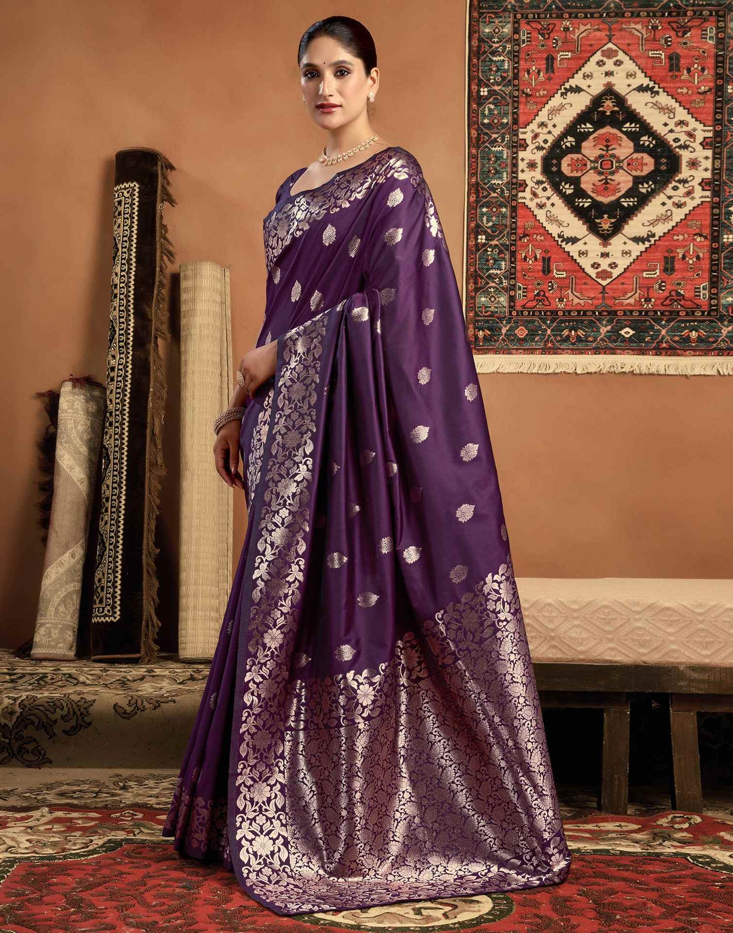 Dark Violet Silk Woven Banarasi Saree