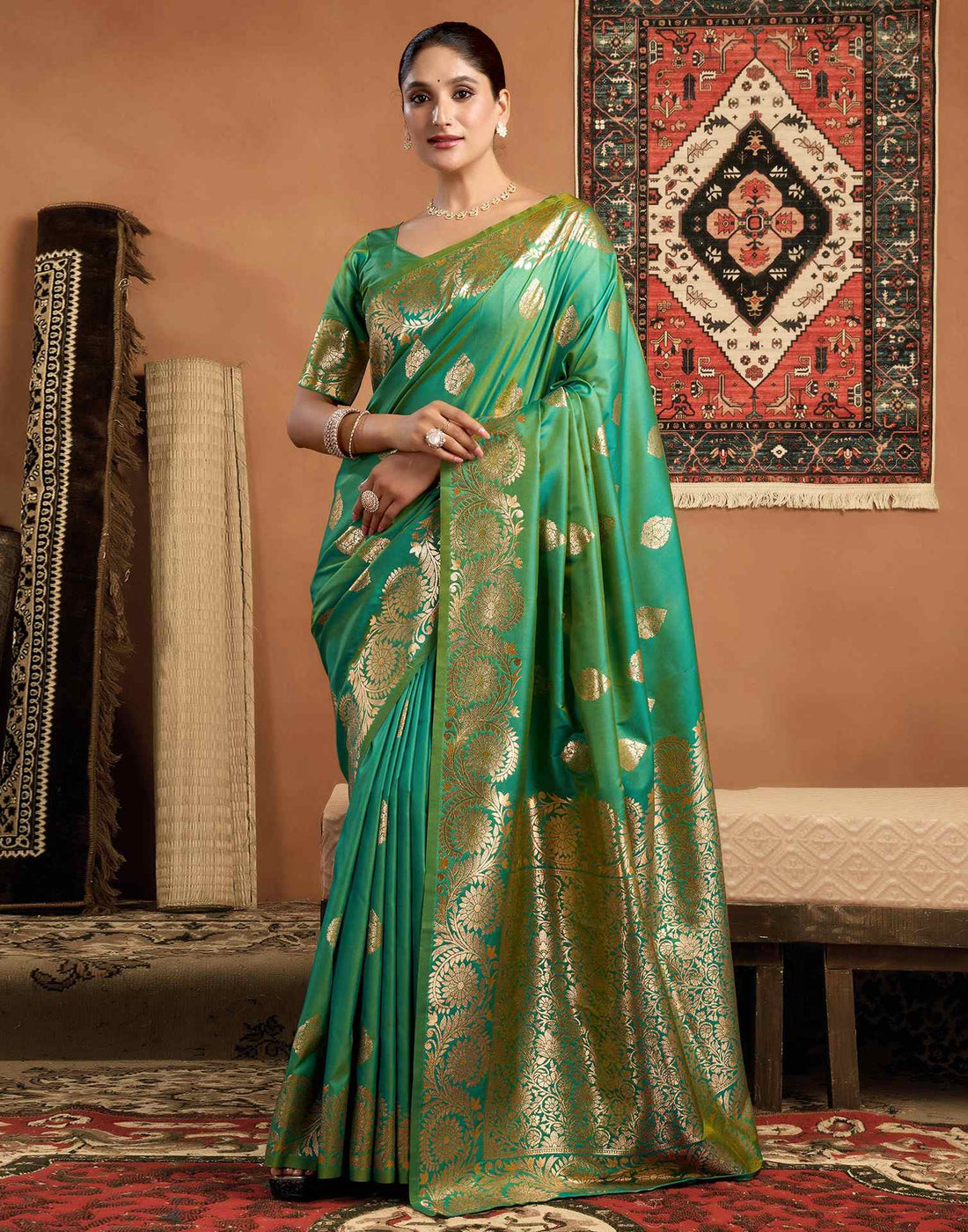 Teal Green Silk Woven Banarasi Saree