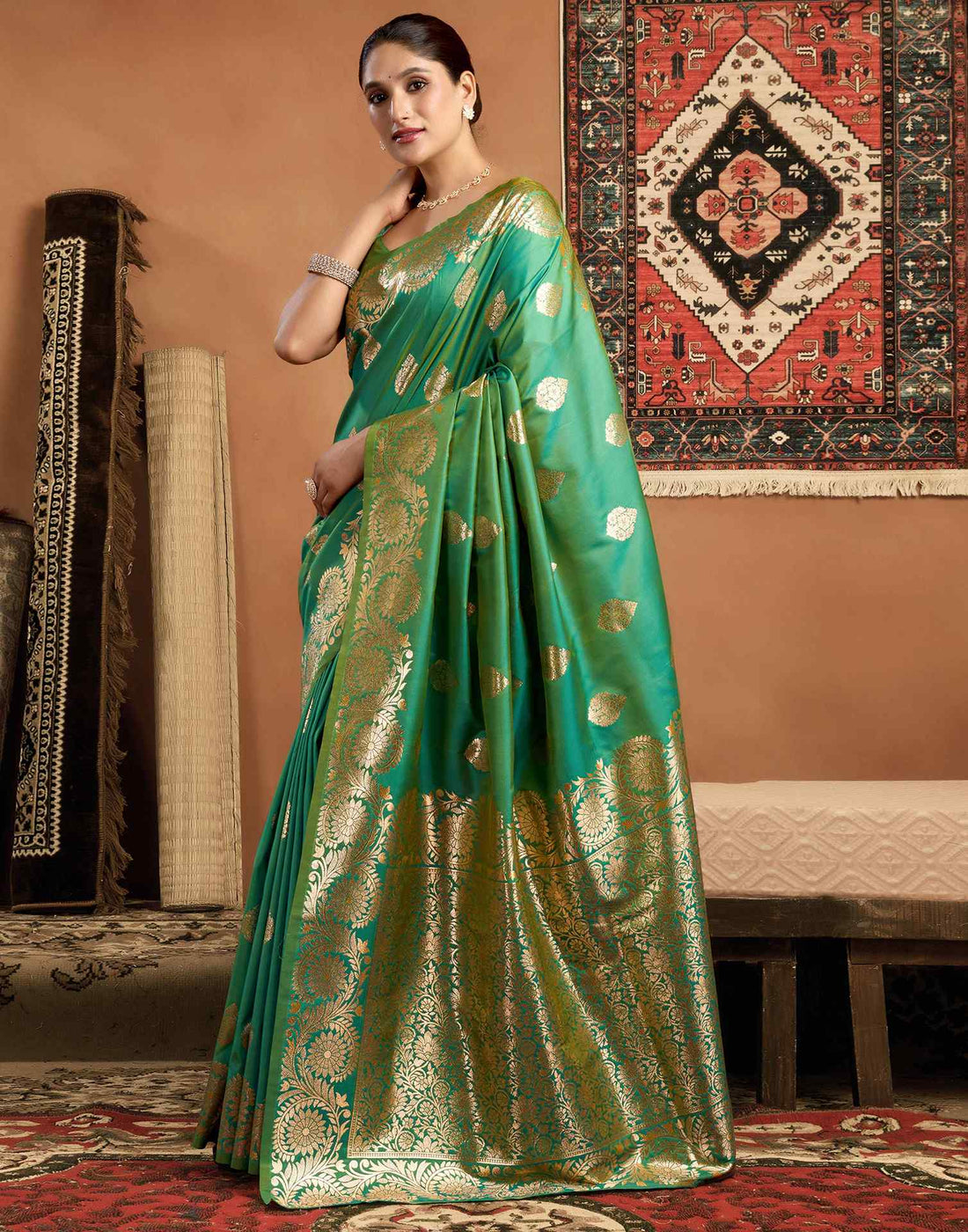 Teal Green Silk Woven Banarasi Saree