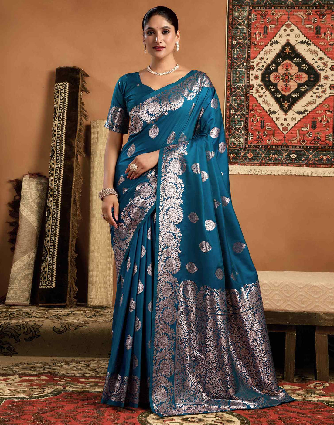 Peacock Blue Silk Woven Banarasi Saree