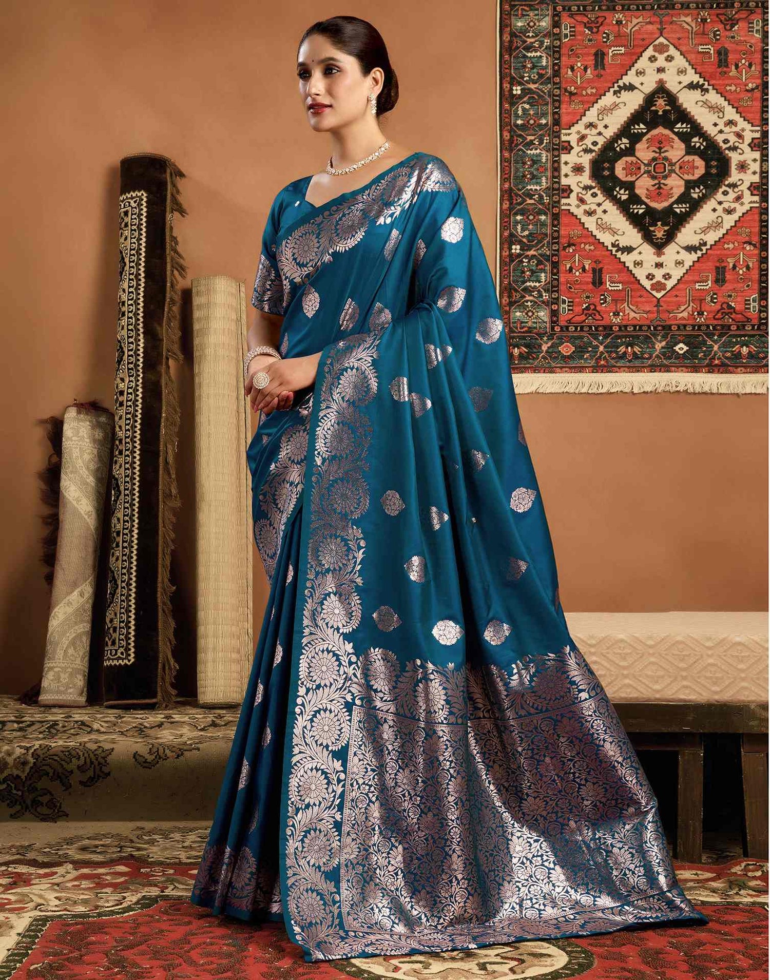 Peacock Blue Silk Woven Banarasi Saree