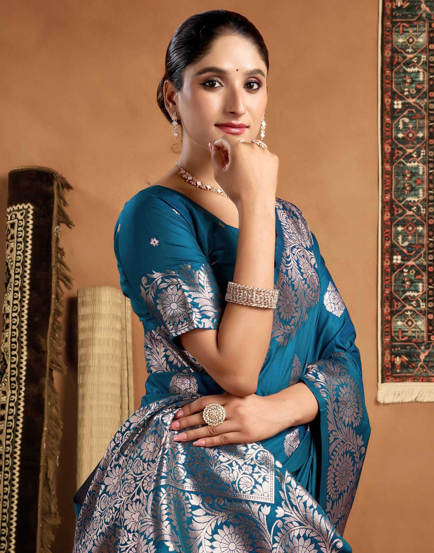 Peacock Blue Silk Woven Banarasi Saree