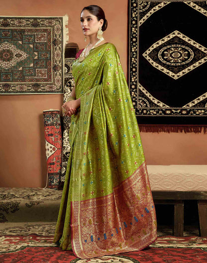 Parrot Green Silk Woven Saree